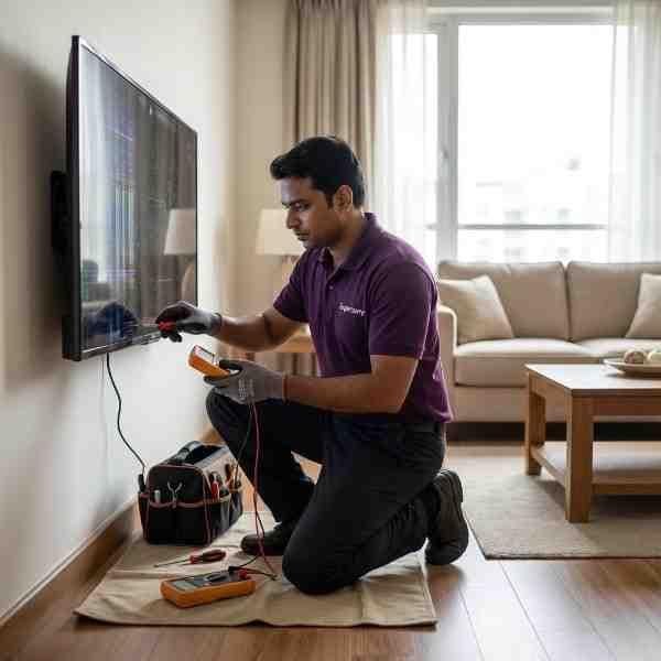 TV technician repairing a television at home