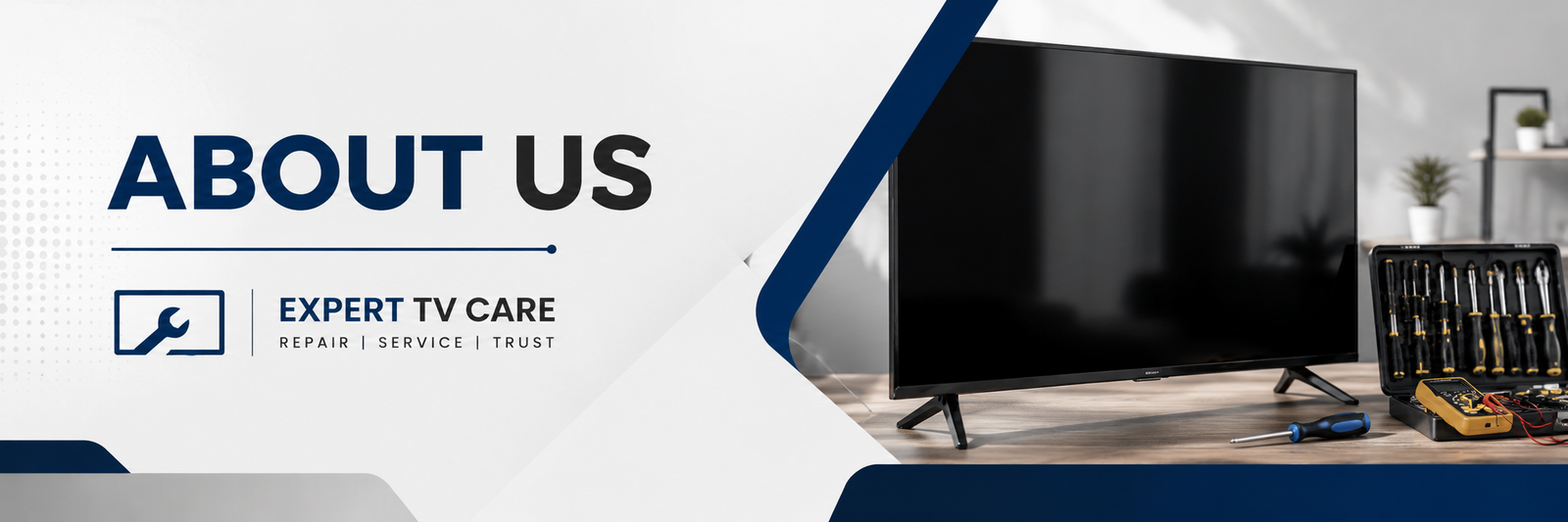 About Us banner for Expert TV Care featuring a TV repair service setup