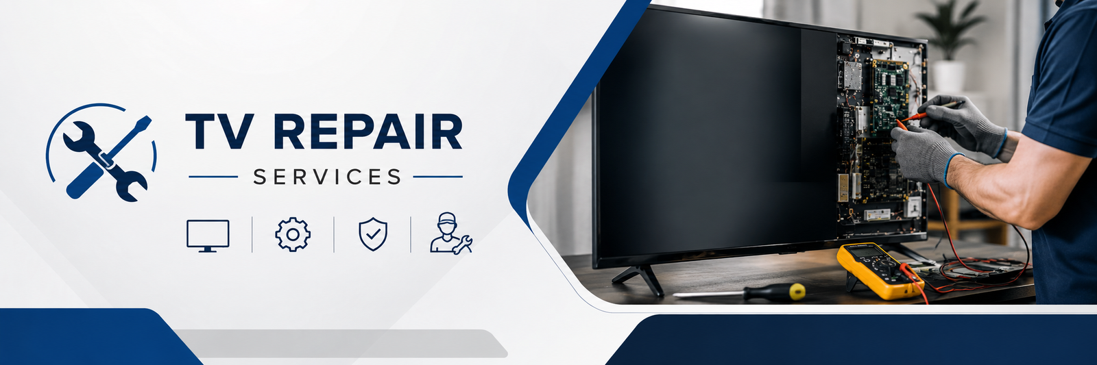 TV Repair Services banner featuring a professional technician repairing an LED TV