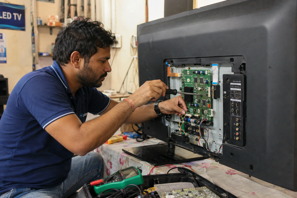 Professional TV technician repairing an LED TV circuit board