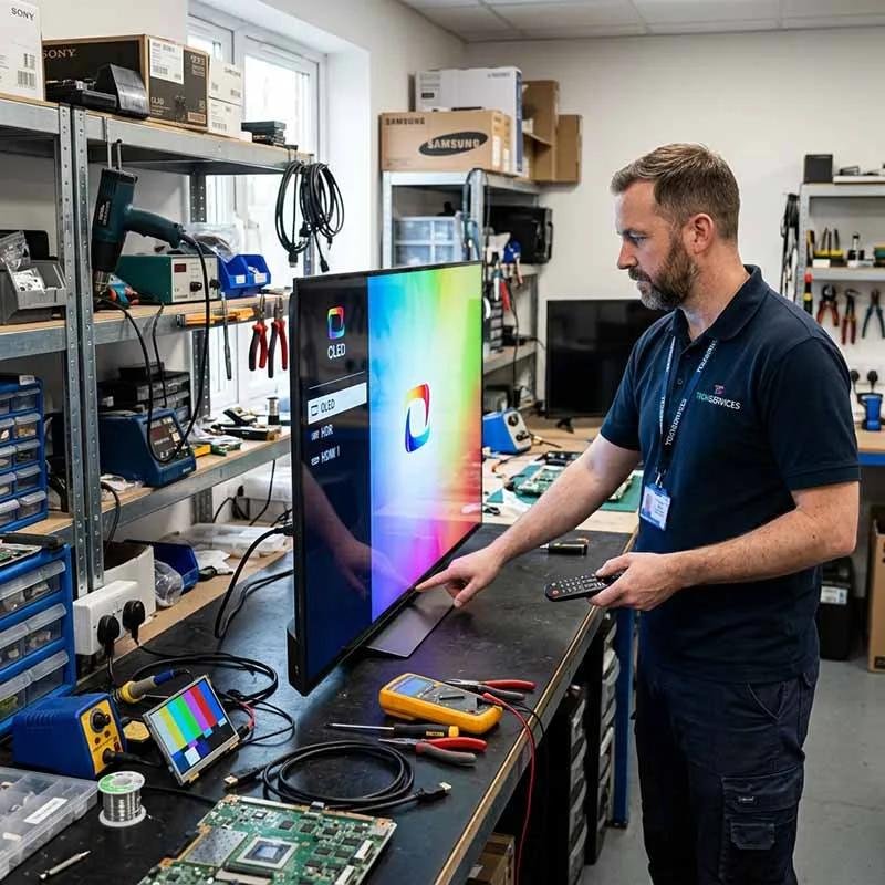 Professional TV technician testing an LED TV in a repair workshop
